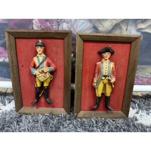 Two Vintage Revolutionary War Wall Figures Wood Frame Militia 9.5” X 6.5”